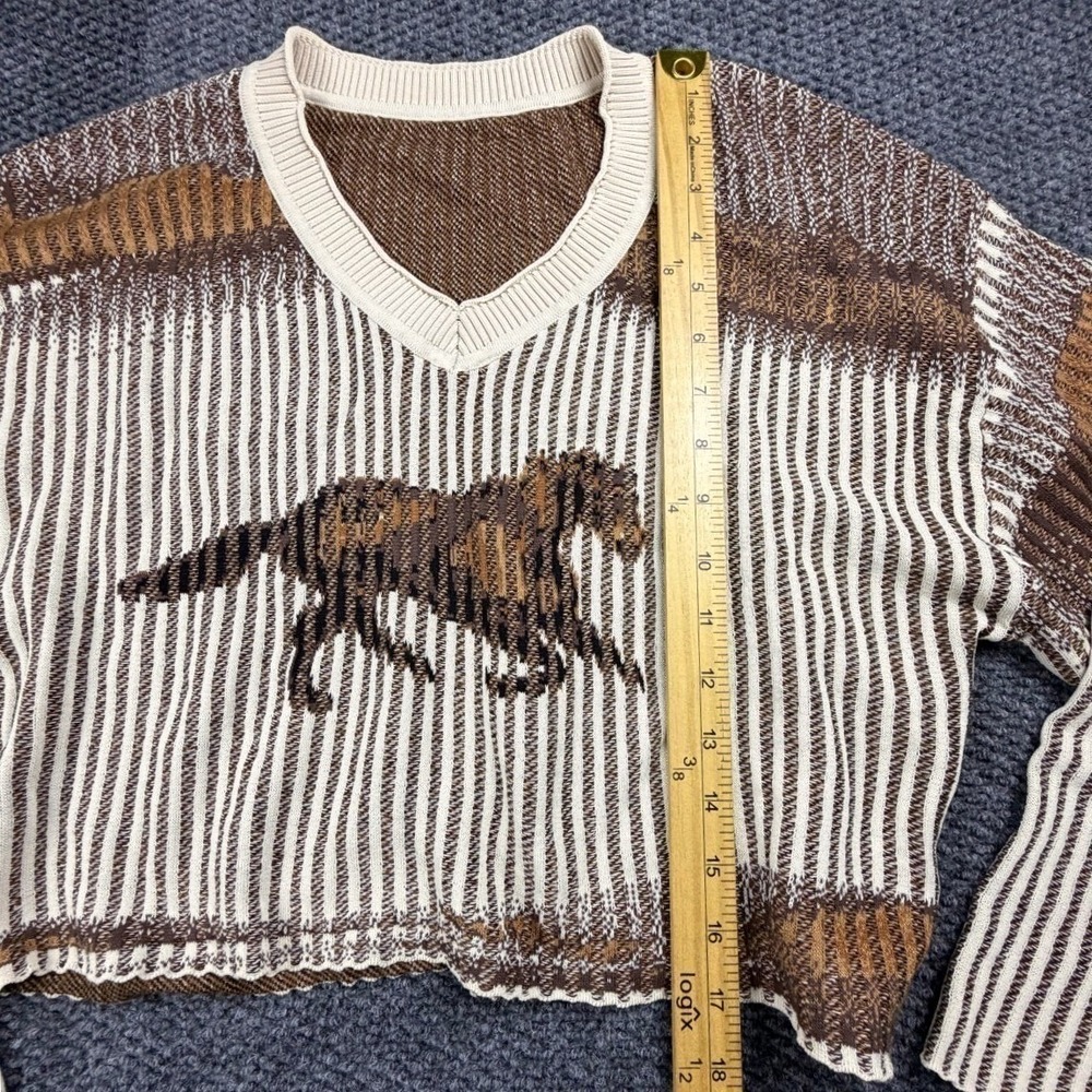 Cider Womens M Brown Horse Print Cropped V-Neck Knit Sweater Preppy Equestrian - Picture 10 of 10